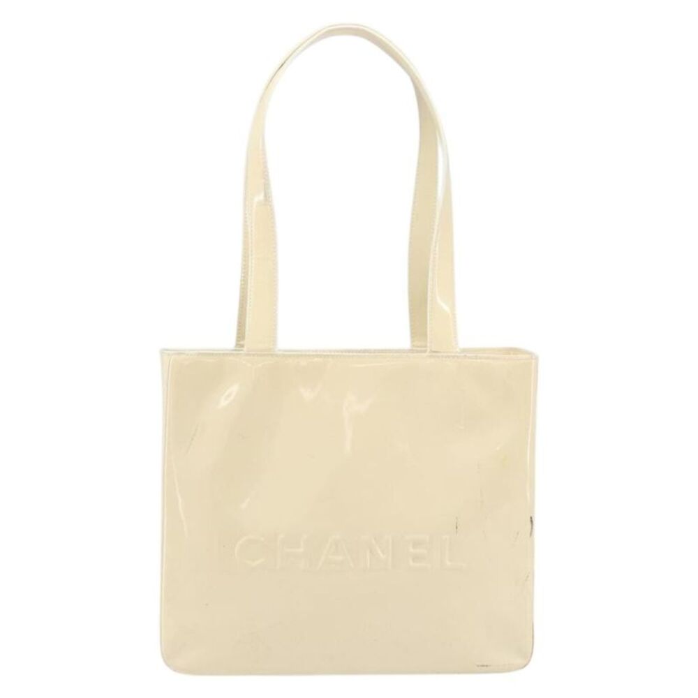 Chanel Vintage Embossed Logo Patent Beige Patent_Leather Tote Bag Bag
